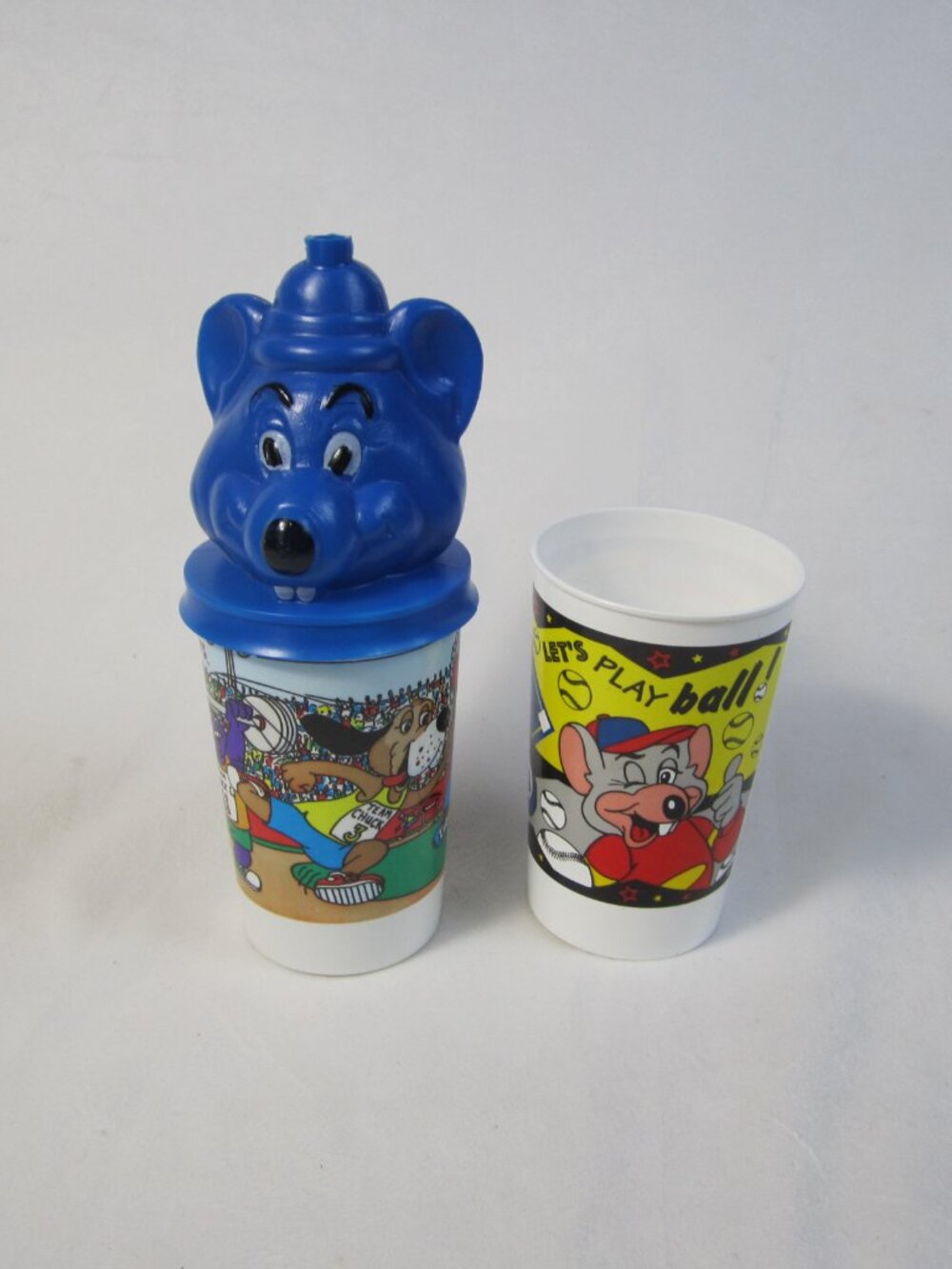Vintage CHUCK E CHEESE Plastic Cups x2 with Chucky Head Lid - 1990's - No Straw